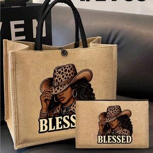 Leopard Accent Tan Tote Bag Set